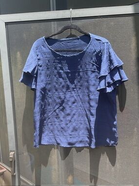 Textured Ruffle Sleeve Crewneck Top - Blue
